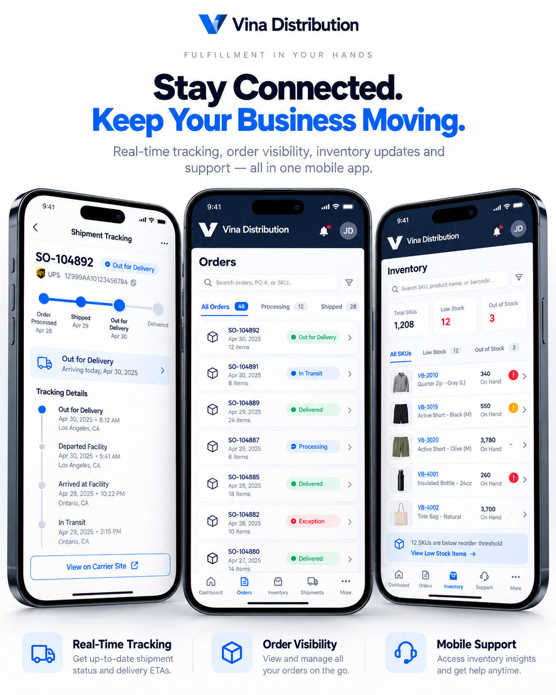 Vina Distribution mobile app showing shipment tracking, orders and inventory